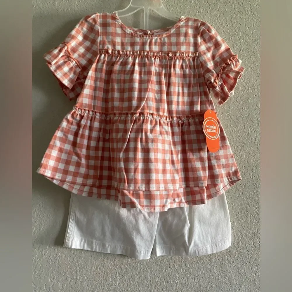 NWT Toddler girl 4T Outfit Set Plaid short sleeve shirt Top White Pants